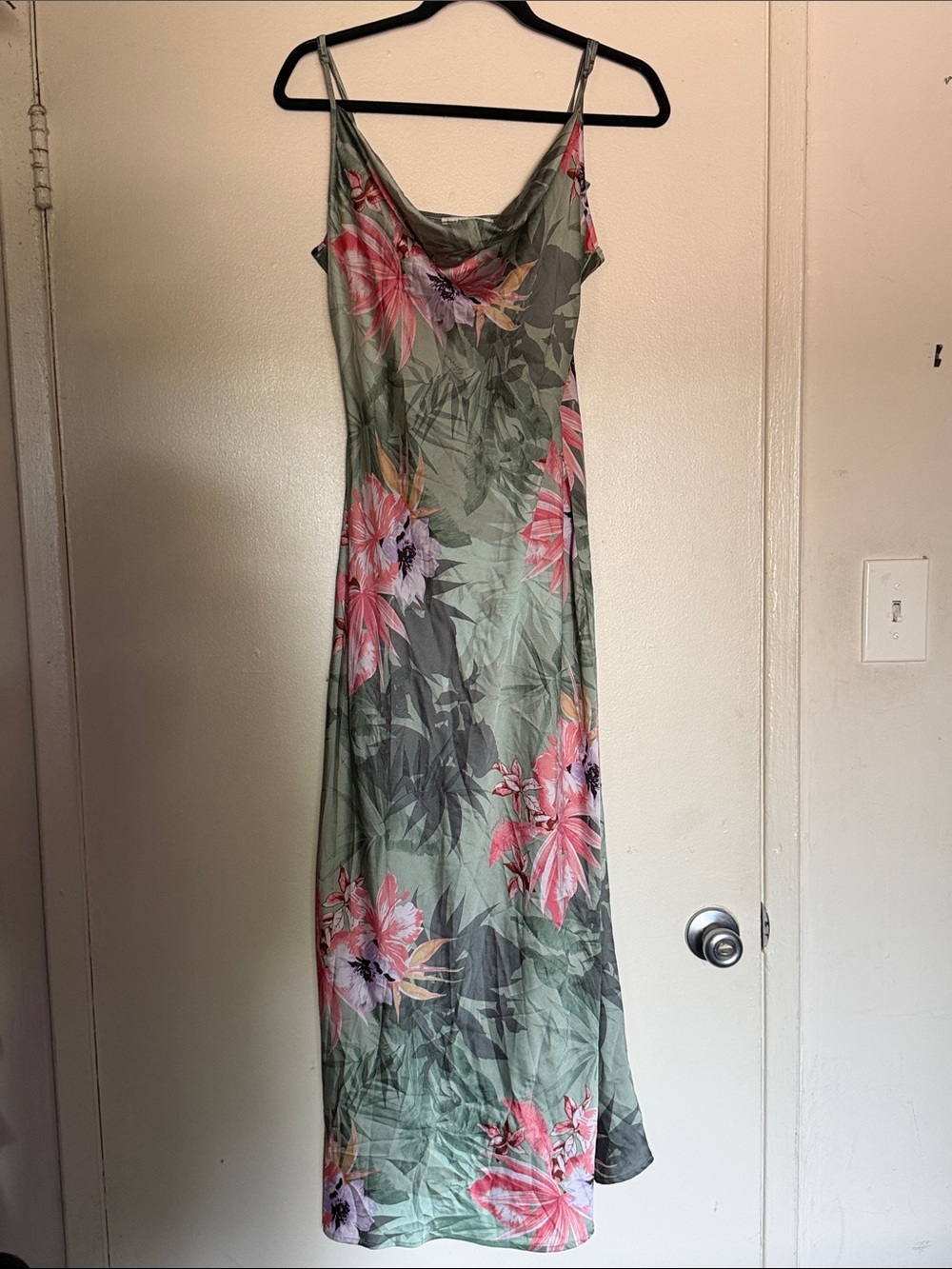 GUESS Sage Green Maxi Slip Dress with Pink Floral Print